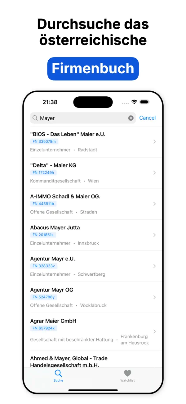 Firnexa: Austria Biz Register app screenshot showing the main dashboard